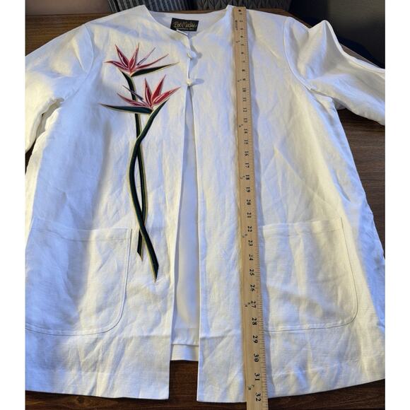 Vintage Bob Mackie Size XL 3/4 Linen Blend White Bird of Paradise Tunic Pockets - Picture 6 of 8